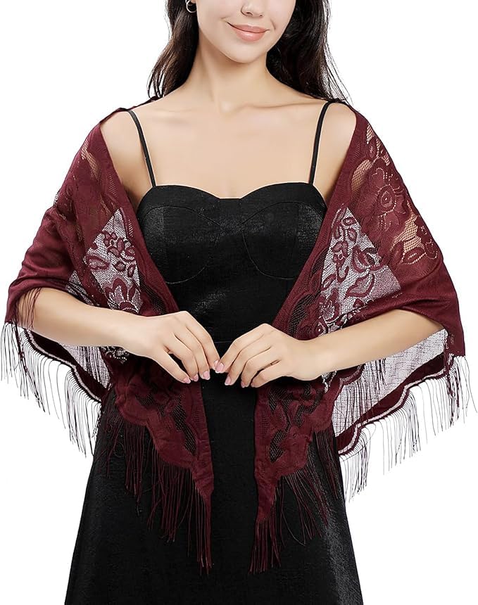 Alexvyan Floral Design Triangle Lace Stole and Wraps for Evening Dresses with Tassels for Evening Party Mesh Wedding Shawls for Summer (Wine Red)