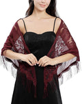 Alexvyan Floral Design Triangle Lace Stole and Wraps for Evening Dresses with Tassels for Evening Party Mesh Wedding Shawls for Summer (Wine Red)
