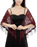 Alexvyan Floral Design Triangle Lace Stole and Wraps for Evening Dresses with Tassels for Evening Party Mesh Wedding Shawls for Summer (Wine Red)