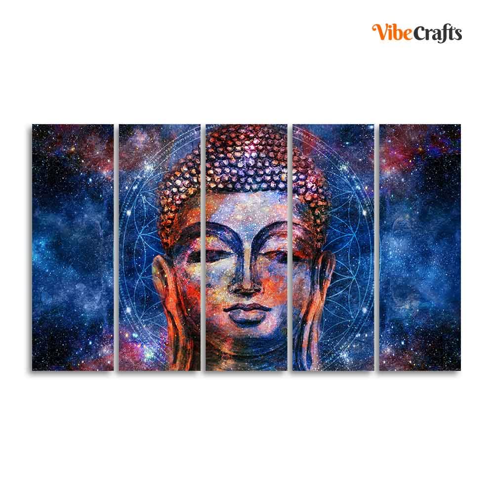 VIBECRAFTS Divine Buddha Head Wall Painting Five Pieces For Home|Office|Living Room|Gift (PTVC5Pcs4_8640)