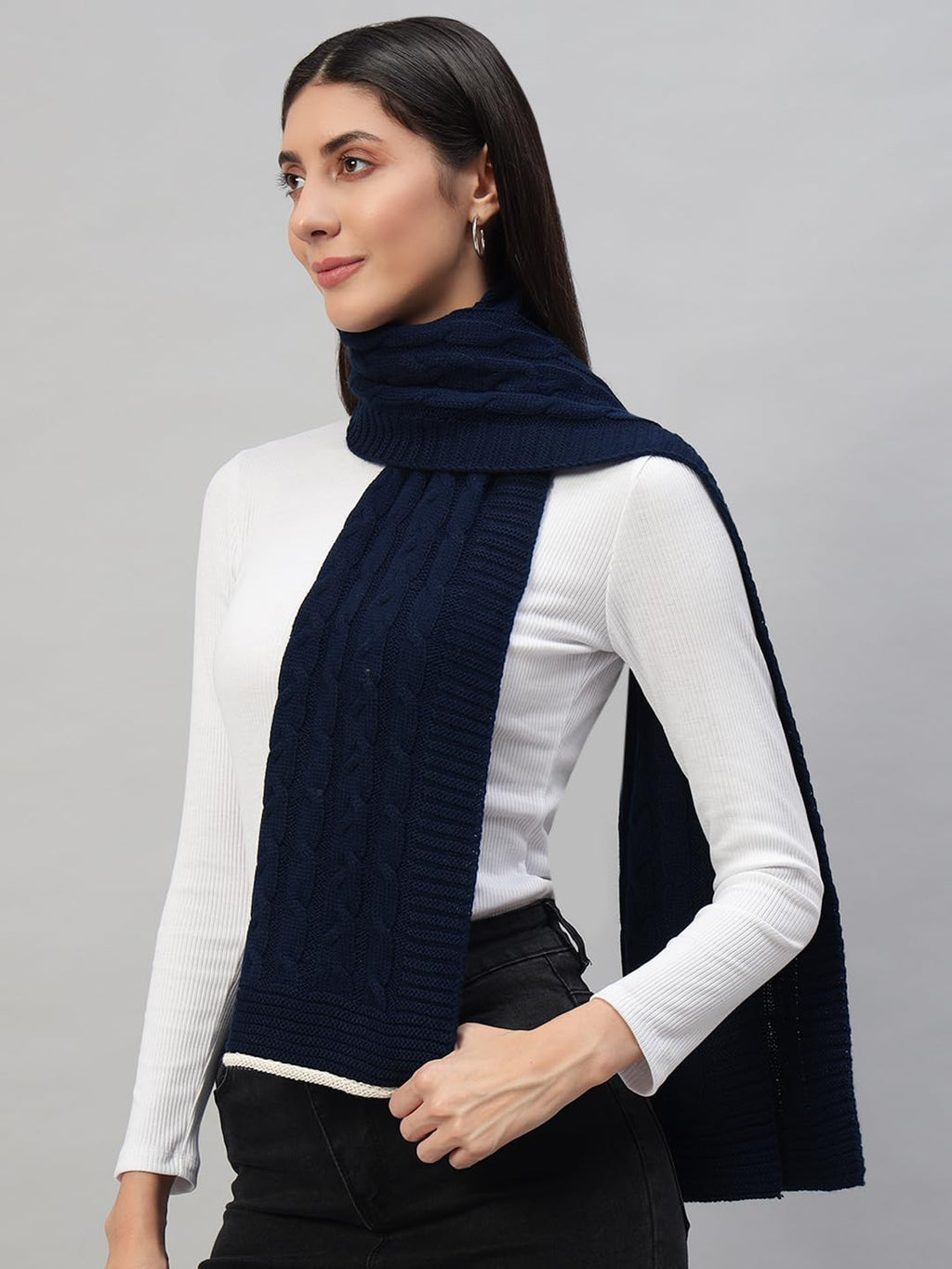 Ravaiyaa - Attitude is everything Reversible Wool Scarves Knitted Pattern Women Neck Wraps Muffler Winter Wool Scarf 65 x14 Inch (Navy Blue)