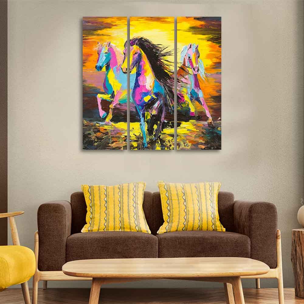 VIBECRAFTS Horse Running In Sunset 3 Pieces Canvas Wall Painting Fitted With Wooden Frame For Home | Office | Living Room | Gifts (PTVC3Pcs1_9516)