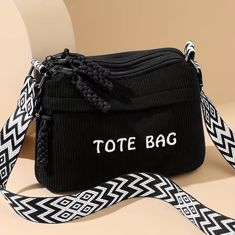Street27 Women’s Premium Corduroy Tote Bag with Adjustable Wide Strap, Multi-Pocket Crossbody & Shoulder Handbag, Lightweight Everyday Carry with Secure Zipper Closure | (Black)