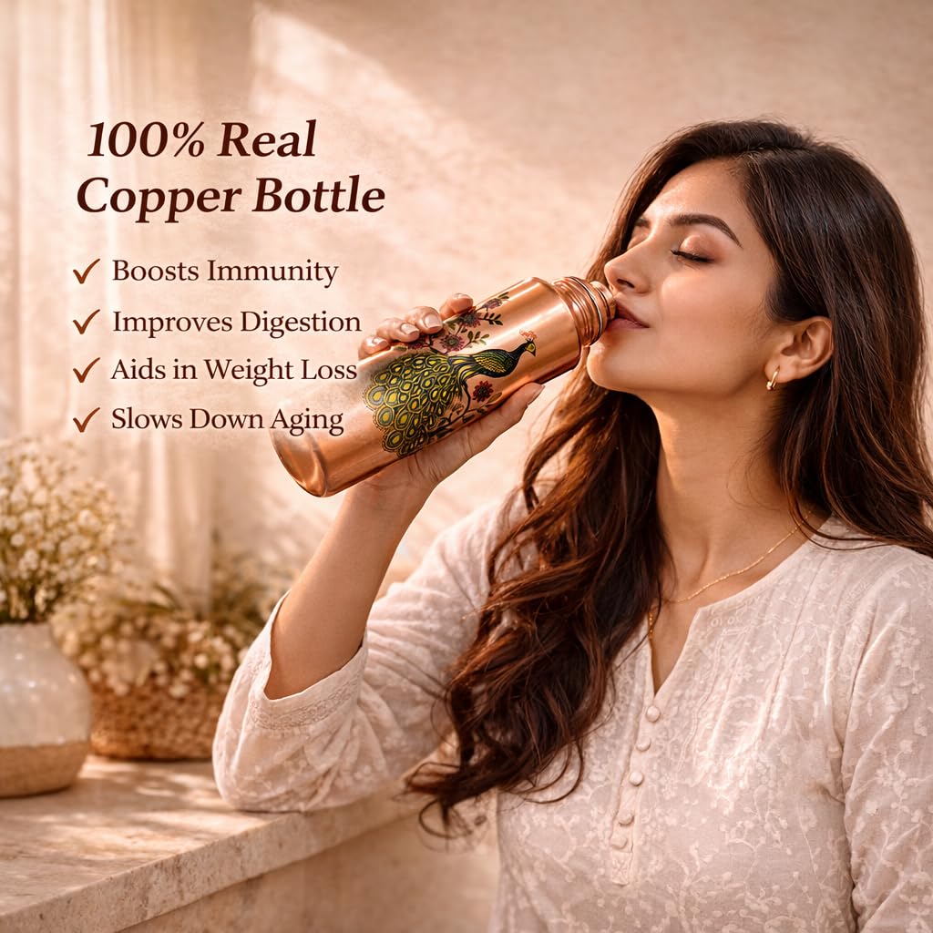 JAIPUR ACE Pure Copper Water Bottle with Glass Set Peacock Design | 100% Copper Drinking Bottle Set I Ayurvedic Health Benefits Leak Proof Premium Designer Bottle Set for Home Office (Royal Peacock)