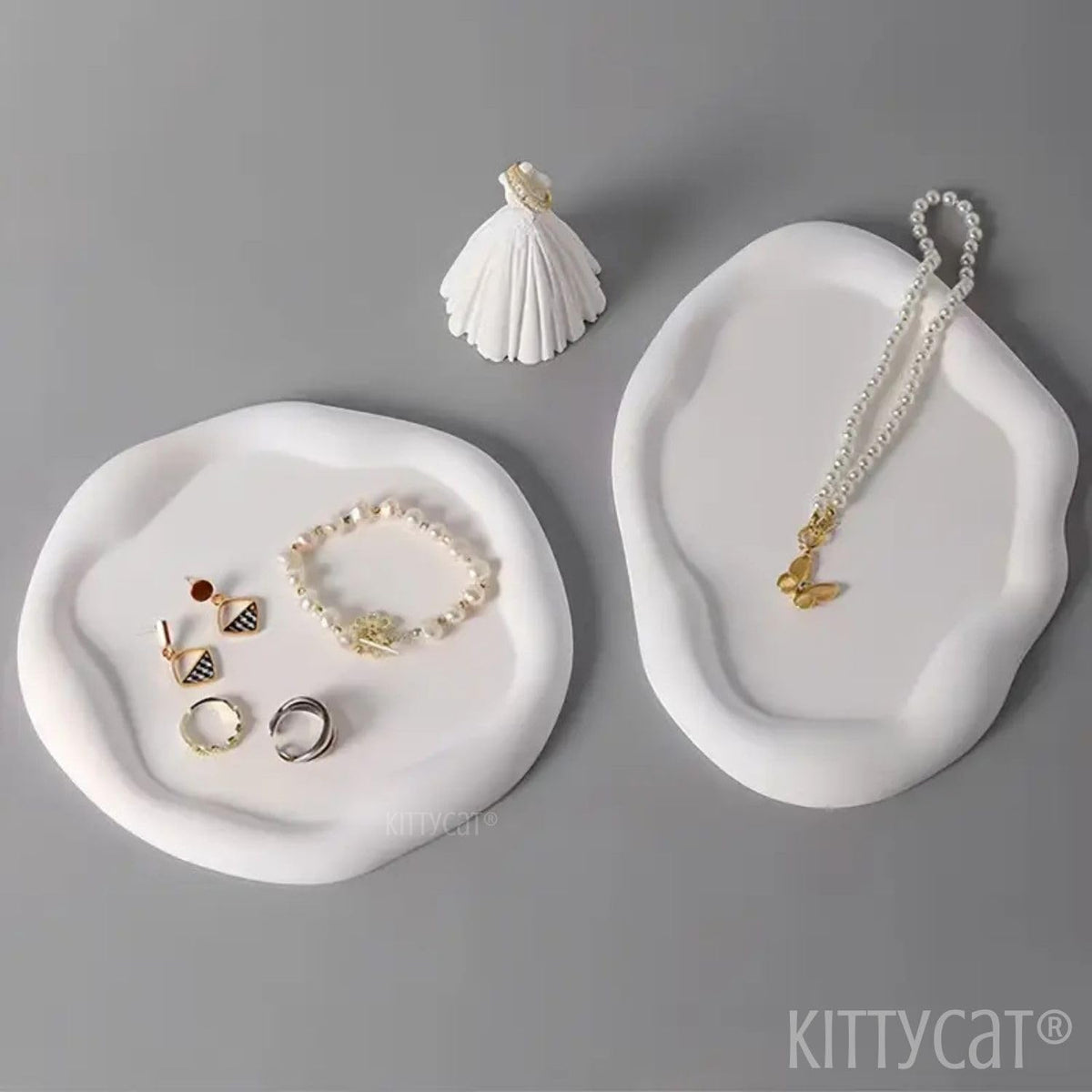 Kitty Cat® Handmade Concrete Trinket Tray Set of 2 – Aesthetic Minimalist Decorative Plates for Jewelry, Candles, Vanity & Table Décor | Modern Home & Office Organizer (Irregular Duo Tray Set)