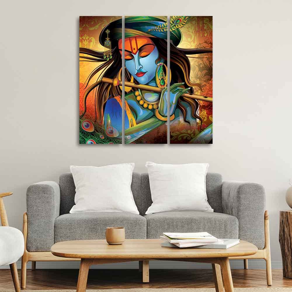 VIBECRAFTS Shri Krishna With Flute 3 Pieces Canvas Wall Painting Fitted With Wooden Frame For Home | Office | Living Room | Gifts (PTVC3Pcs1_9520)