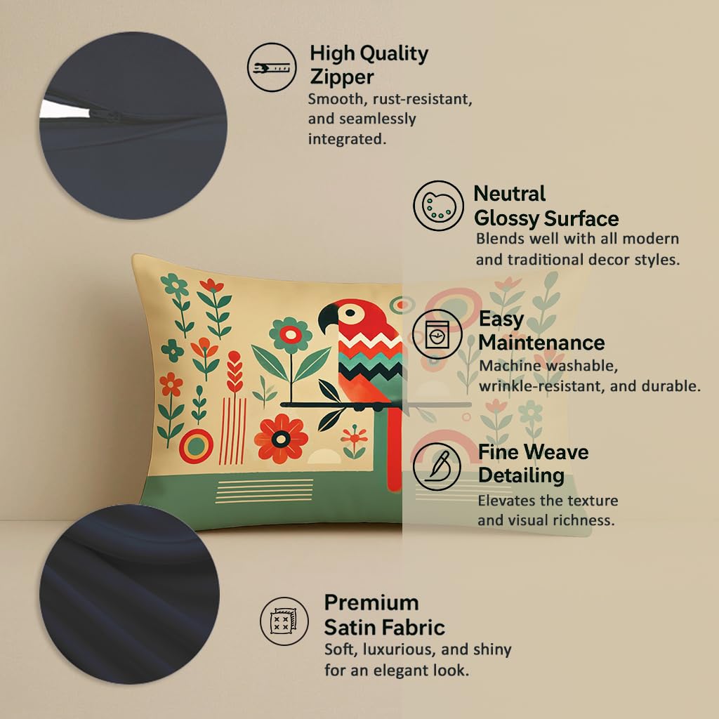 STITCHNEST Printed Satin Cushion Covers Colorful Parrot with Botanical & Geometric Chevron Design, 12x18 Inch, Pack of 2 for Artistic, Playful & Boho Home Styling