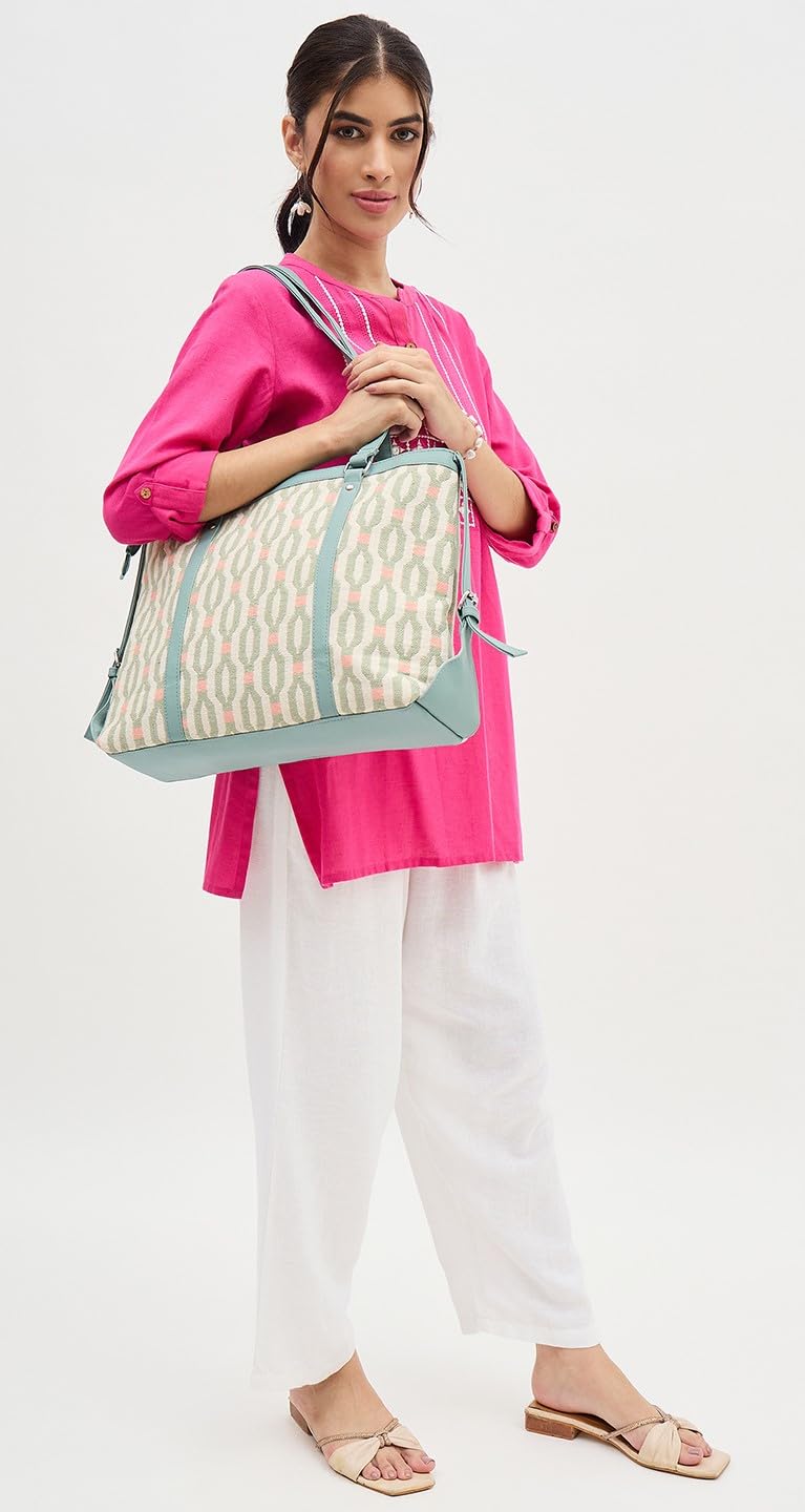 PRIMROSE Chevron Pattern Tote Bag for Women, Black and Beige (Mint & Beige)