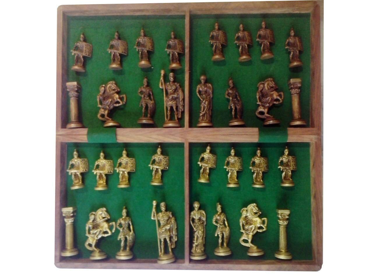 Svarup 16x16 Wooden Folding Chess Game Board Set+ Brass Roman Figure Pieces for Gifting, Home Decor & Playing.
