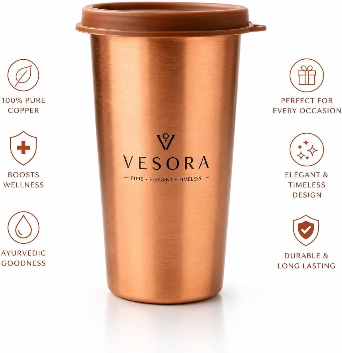 Pure Copper Tumbler with Lid, 500ml Copper Water Cup, 100% Pure Copper Drinking Glass, BPA-Free Leak-Proof Copper Mug for Office, Travel & Home, Ayurvedic Water Vessel, Reusable Eco-Friendly Drinkware