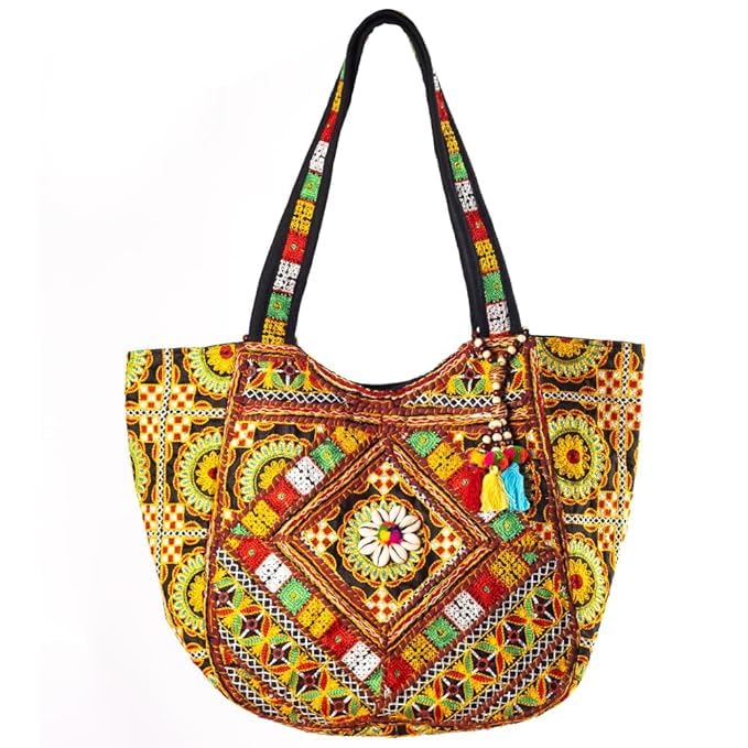 PREET GALLERY Handmade Cotton Patchwork Tote Bag, Multicolour, Double Handle|Women's Shoulder Bag, Pure Cotton Tote Bag, Handmade Patchwork Design (Saffron Solstice)