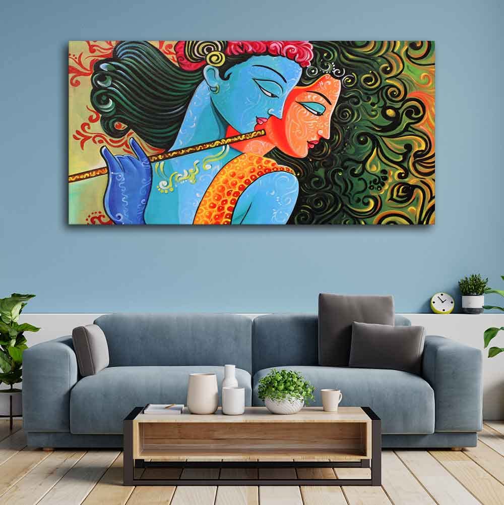 VIBECRAFTS Canvas Paintings for Living Room Drawing Room Radha Krishna With Flute Canvas Wall Painting Fitted With Wooden Frame For Home | Office | Living Room | Gift (PTVCH_2473)