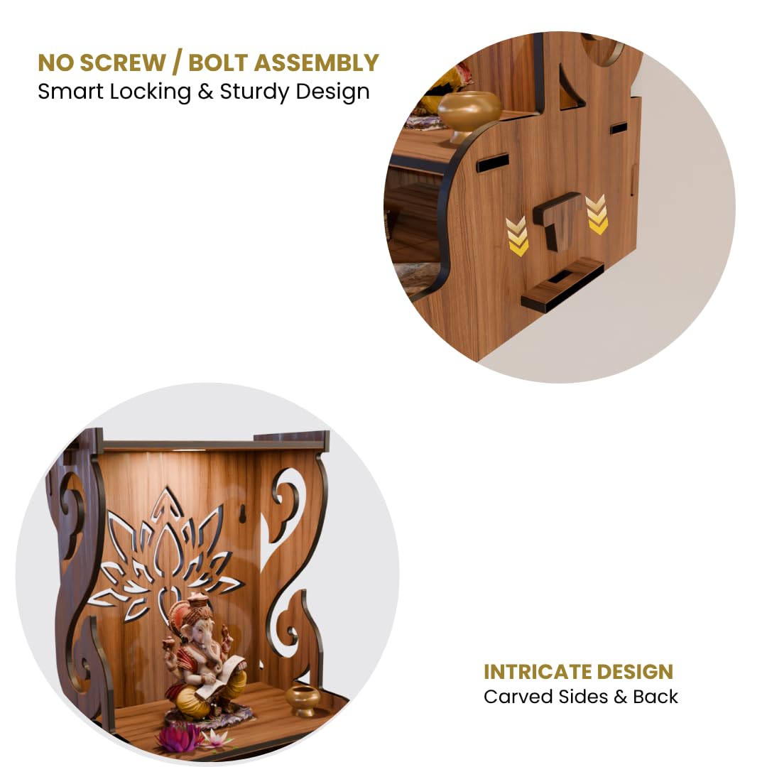 NIVED GODAVARI Engineered Wood Mandir with Spotlight | Extra Storage | 15.5 x 11.5 x 11 inch | Wall Mountable | No Screw/Bolt Screw Assembly | Home Temple | Pooja Stand | Colour: Walnut