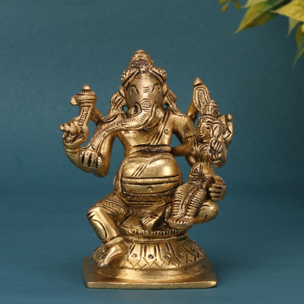 Artavrko Brass Ganesha with Goddess Sri Shakti Ganapati God Statue for Home Decor Puja and Gift Height 3.5 Inch