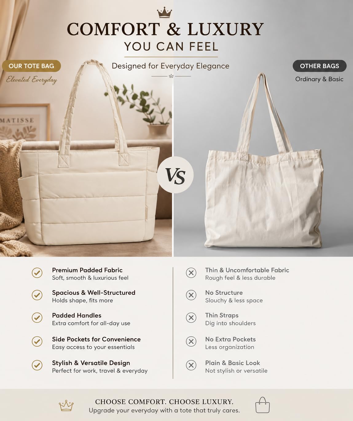 P SEVEN Puffy Tote Bag for Women, Lightweight Shoulder Handbag with Multiple Compartments, Quilted Padded Tote Bag for Travel, Work, Office, College & Daily Carry, Beige (White,Pink Colour)