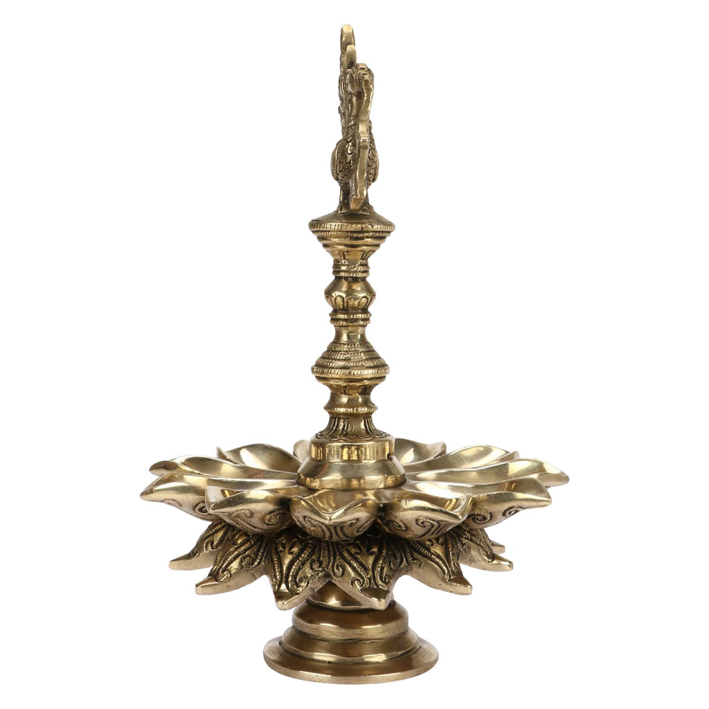 SVARUP Brass Multi Diya Table Stand Diya with Peacock Perched on Central Pillar Deepam for Home Entrance Decor Gift Diwali Pooja