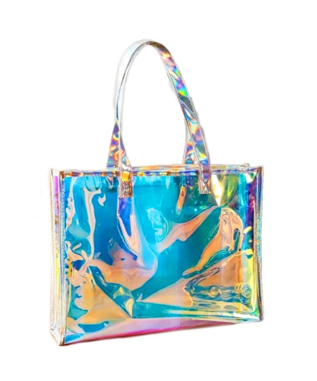 PROUDME Holographic Transparent Women's Tote Bag Iridescent Rainbow Shine, Durable PVC Material, Stylish Clear Handbag for Everyday Use, College, Beach, or Travel