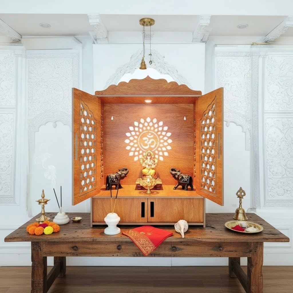 Bien Verrerie Wooden Home Temple with Door (Patt), Storage Space and COV Light for Your Home, Office and Shop, 55.88 x 39.37 x 21.59 cm