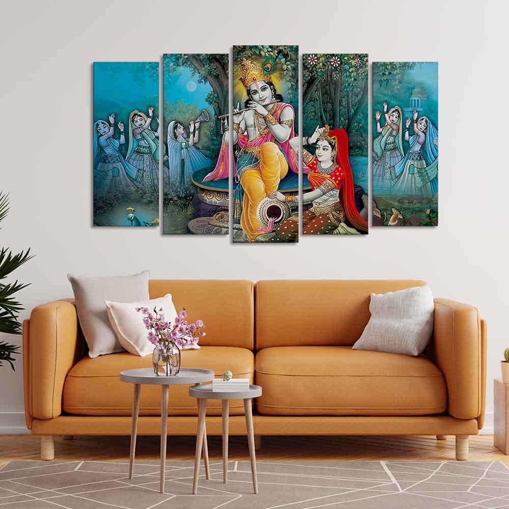 VIBECRAFTS Hindu Radha Krishna Wall Painting Set of Five For Home|Office|Living Room|Gift (PTVC5Pcs2_6552)