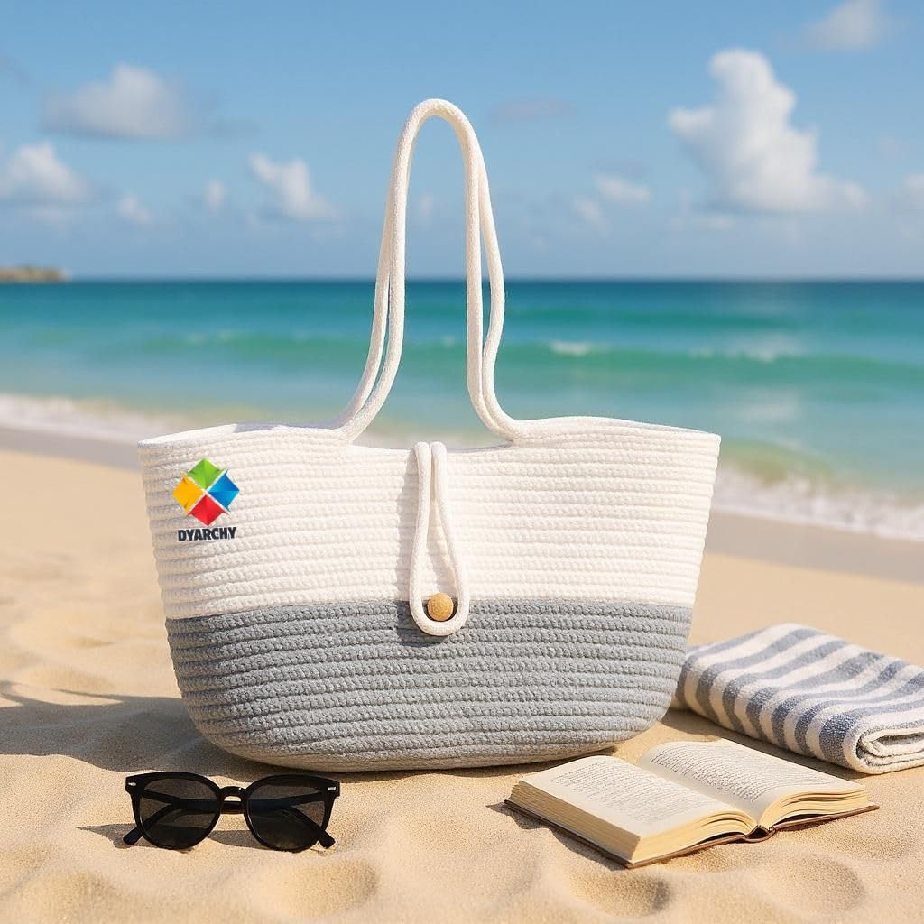 DYARCHY Woven Straw Beach Tote Bag, Cotton Rope Handle with Button Closure (WHITE GREY)