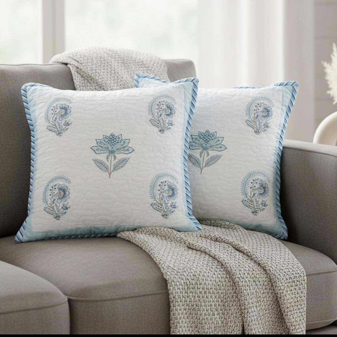 HOMEMONDE Hand Block Printed Soft Cushion Cover Set of 2 - Square 24 X 24 Inches Cotton Throw Pillow Cover, Baby Blue, 300 TC