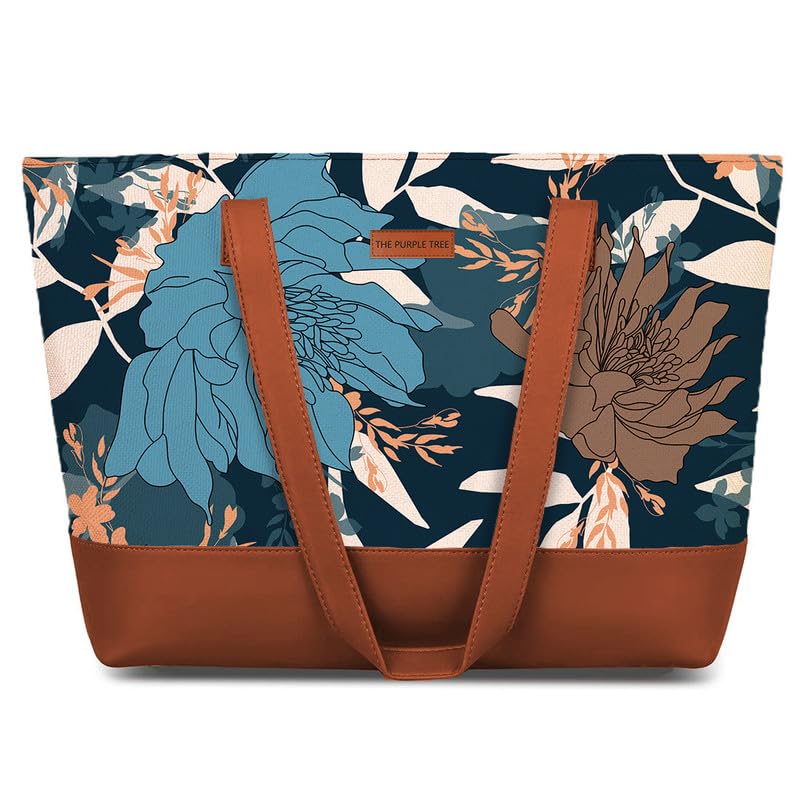The Purple Tree Women Handcrafted Tote with Vegan Leather Handles - Midnight Flower Shoulder Bag for Office & College, Oversized Contemporary