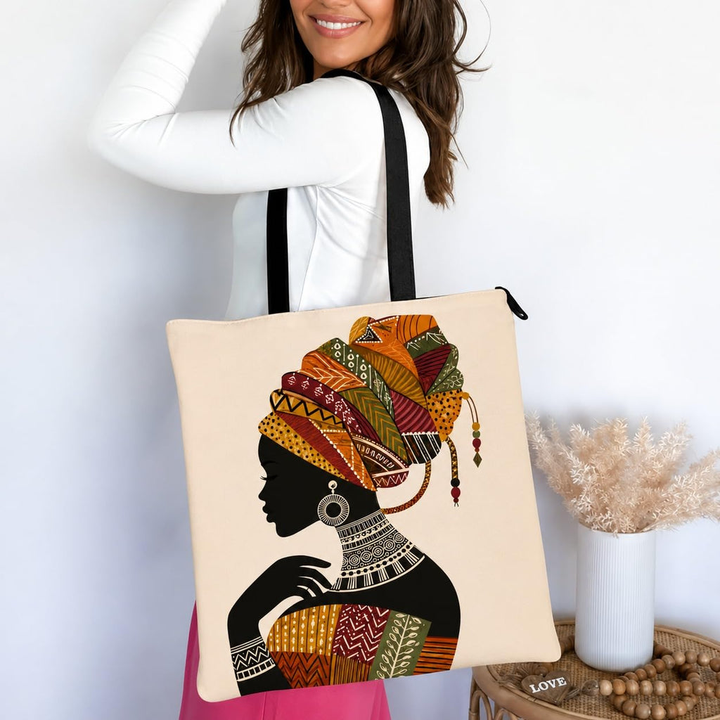 HOMELYA Large Cotton Canvas Zippered Tote Bag for Women | Reusable Eco-Friendly Shoulder Carry Bag | Spacious Shopping, Office & College Handbag (Tribal Grace Design)
