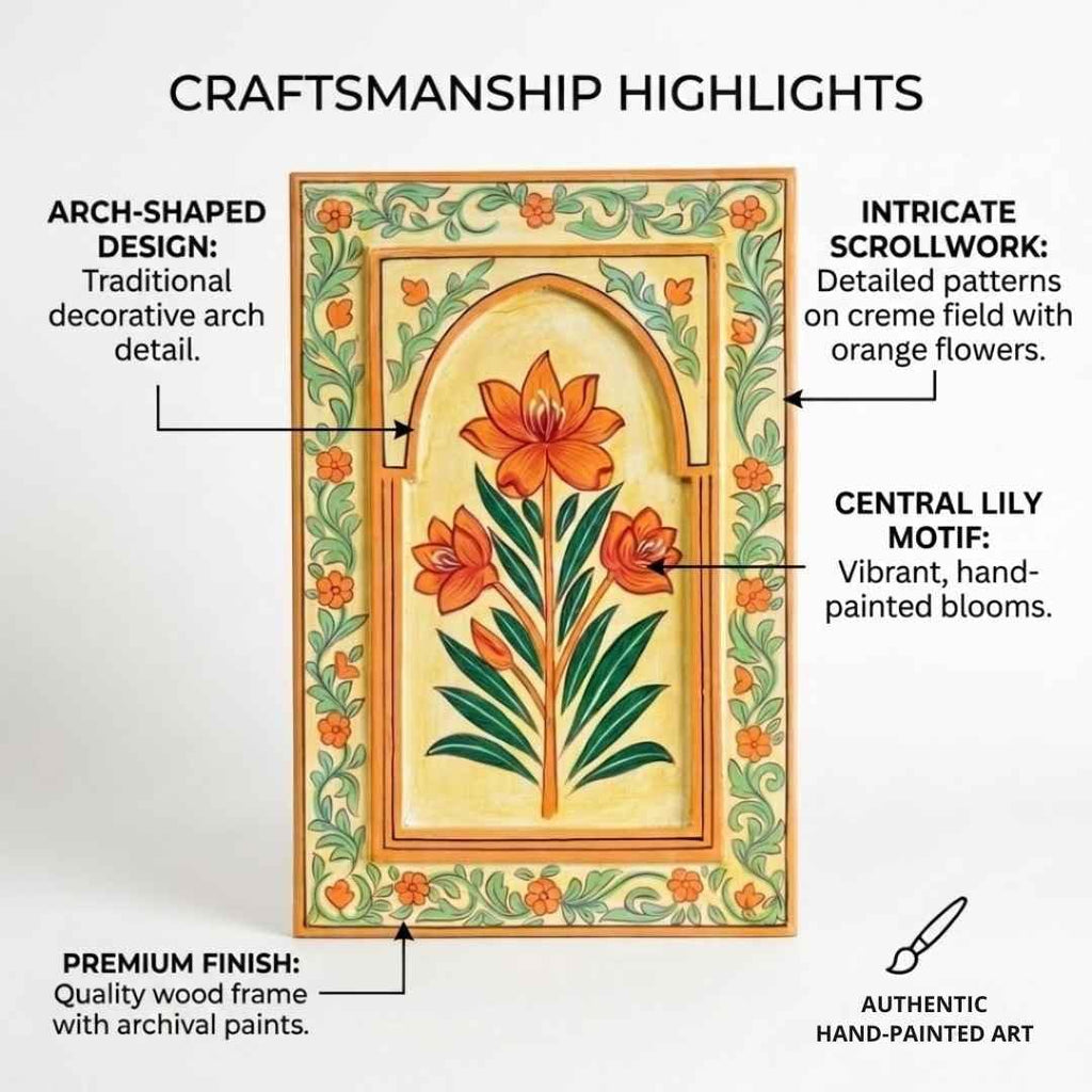 ATRANGI STUDIO Kesari Handpainted Wooden Wall Frame | Rajasthani Traditional Craft | Decorative Floral Wall Hanging Art for Living room, Bedroom, Office | 12×18 Inch, Saffron