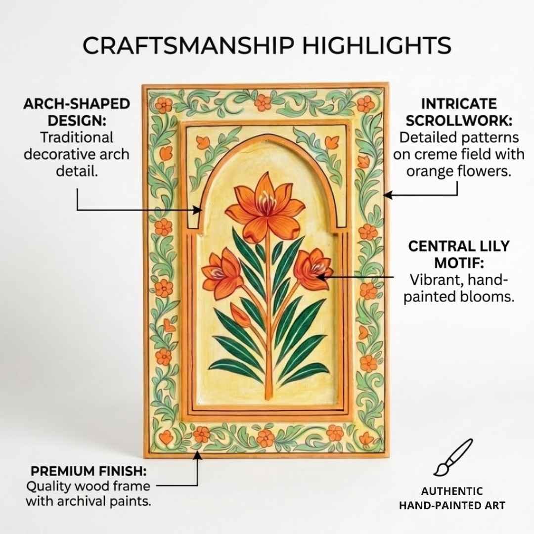 ATRANGI STUDIO Kesari Handpainted Wooden Wall Frame | Rajasthani Traditional Craft | Decorative Floral Wall Hanging Art for Living room, Bedroom, Office | 12×18 Inch, Saffron