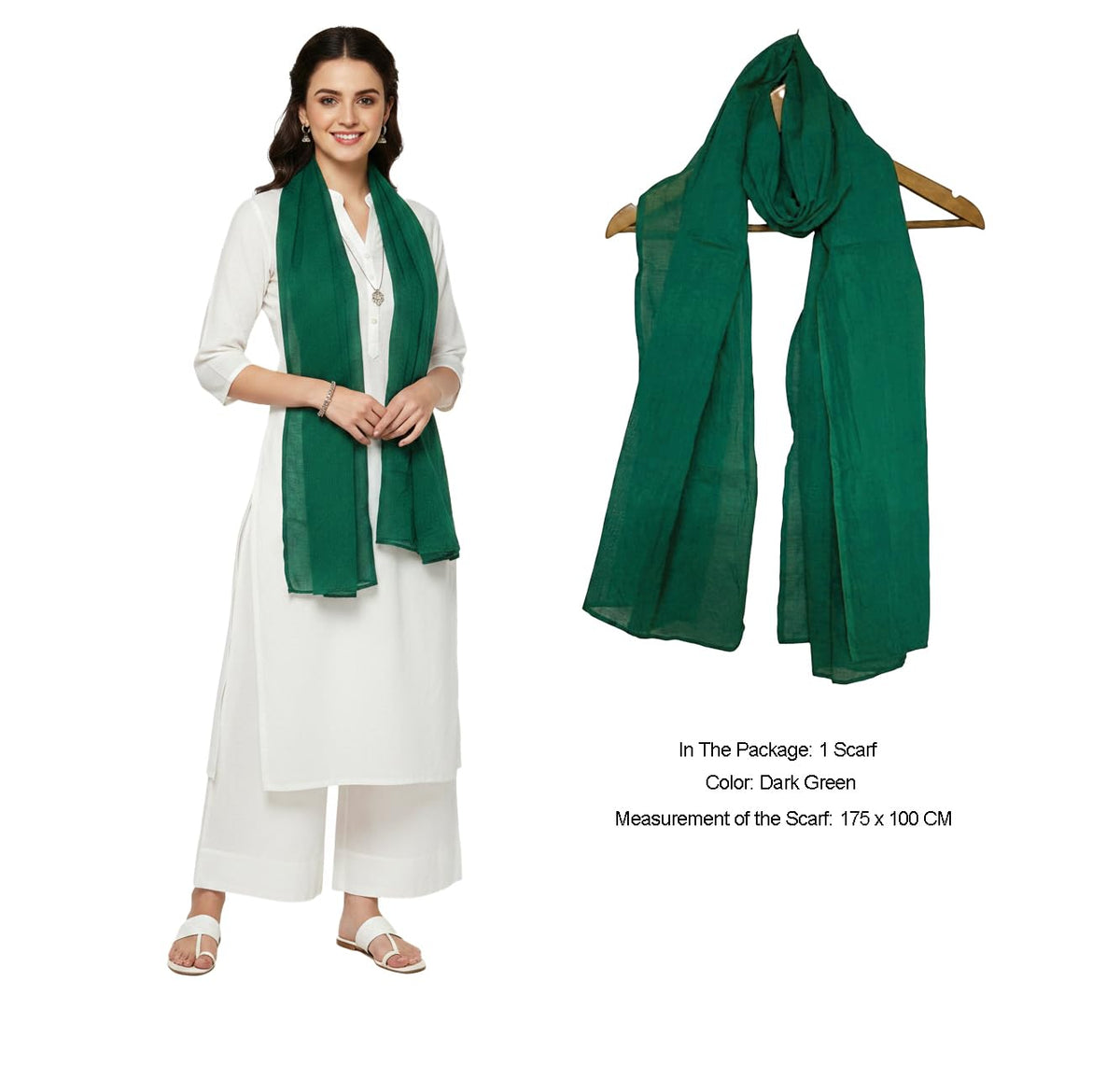 Pure Cotton Scarf Stole for Women, 175 x 100 cm, Lightweight, Versatile, Multiple Colours (Dark Green)