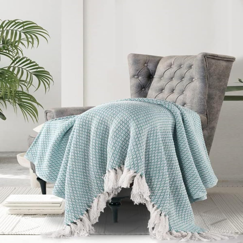 SASHAA WORLD Soft Throw Blanket | Used Both Indoor and Outdoor |Blanket for Living Room, Sofa, Bed & Chair | Ice Blue & White Throw Blanket| Pack of 1, 160 x130 cm| Cotton| Skin_Friendly Kafalo