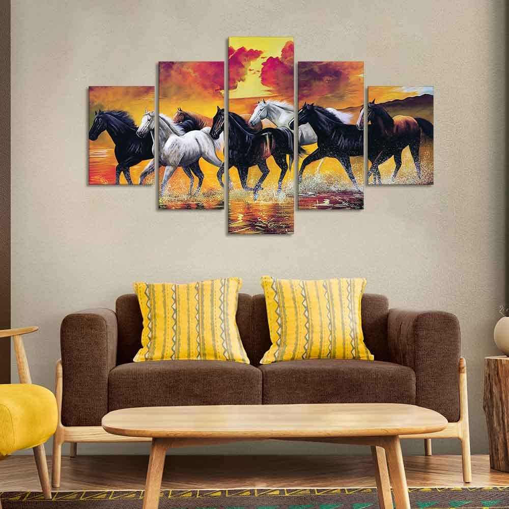 VIBECRAFTS Running Seven Horses Wall Painting Five Pieces For Home|Office|Living Room|Gift (PTVC5Pcs1_5527)