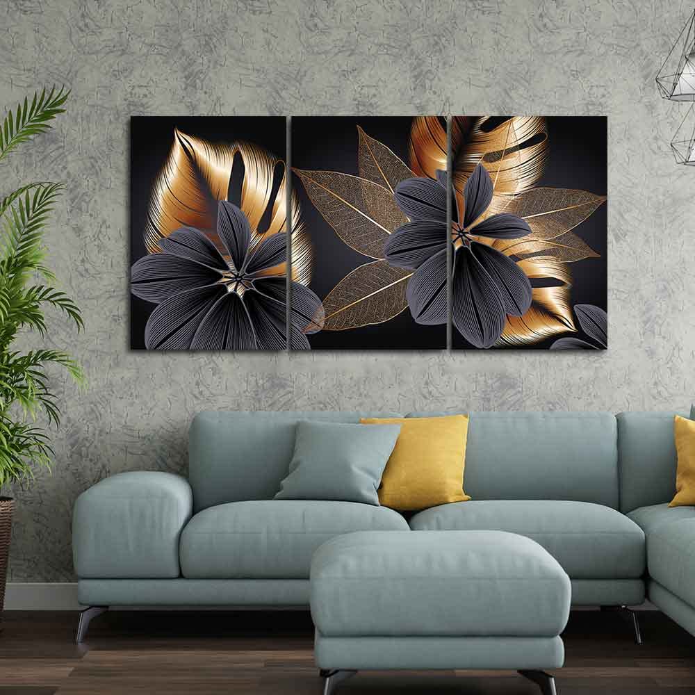 VIBECRAFTS Beautiful Golden Leaf Flower 3 Pieces Canvas Wall Painting Fitted With Wooden Frame For Home | Office | Living Room | Gifts(PTVC3Pcs3_11519N)