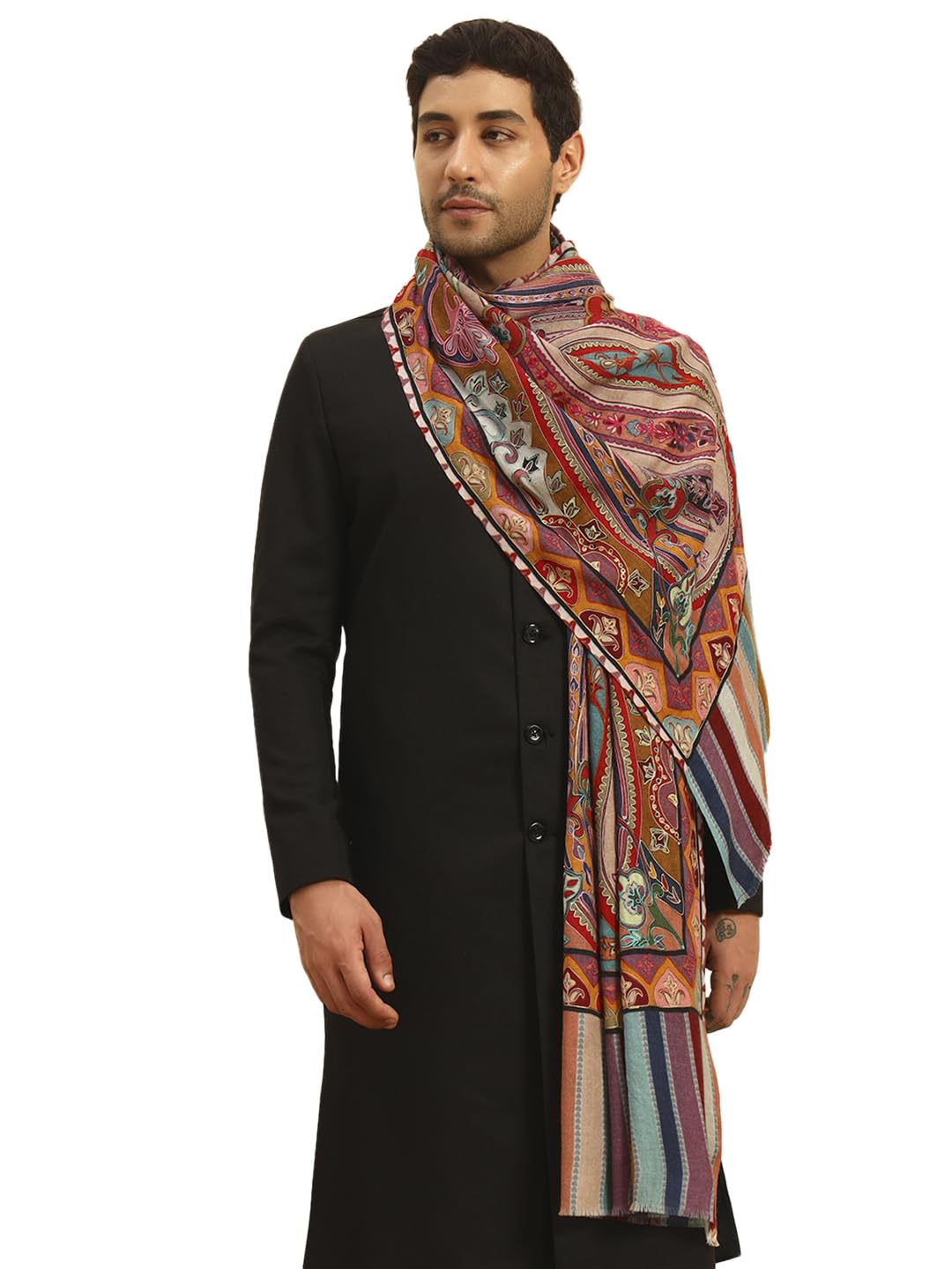 Pashmoda Men Rangdil 100% Pure Wool Fabric Kalamkari Embroidered Stole (Size-28x80in, 71x203cm) MKAST02