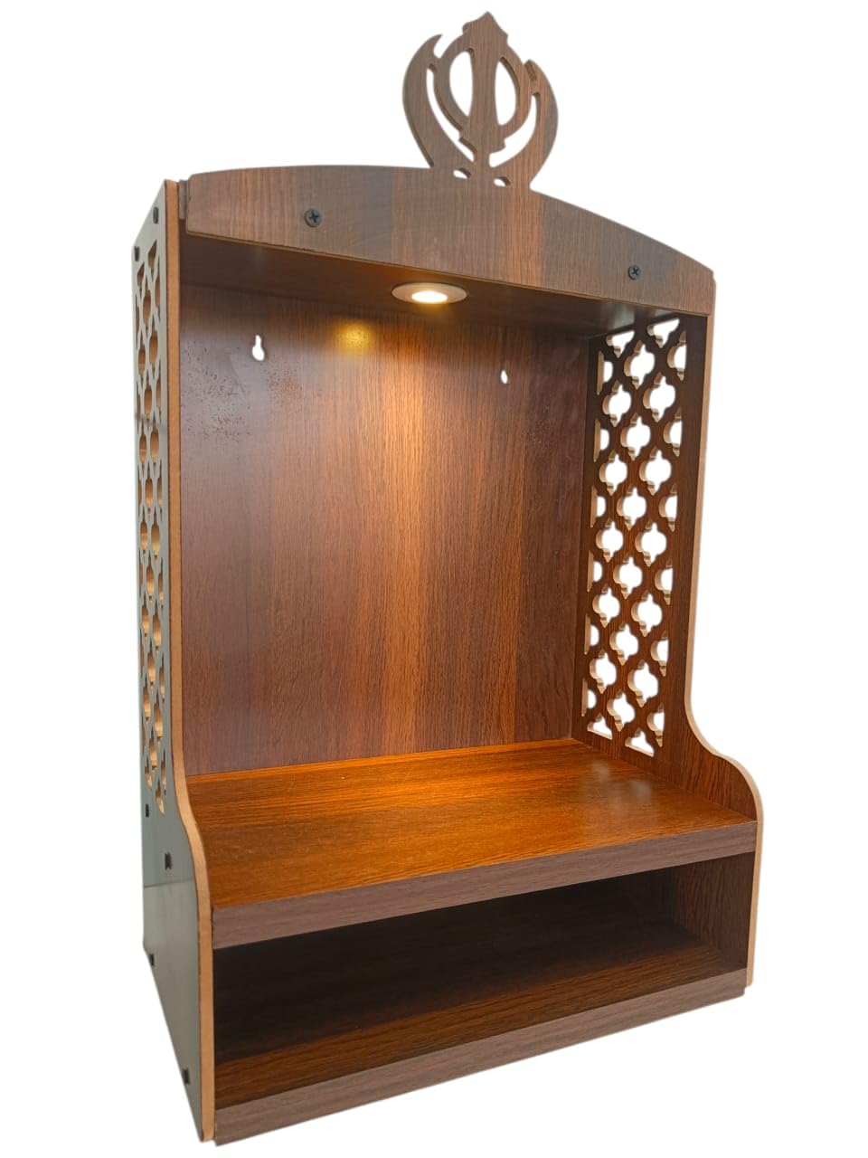 Wooden Wall Mounted Temple with LED Light, Sikh Khanda Design Pooja Mandir for Home, Office & Prayer Room Decor