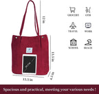 Kawn Women Corduroy Canvas Tote Bag Shoulder Cord Purse Reusable Shopping Bag Grocery Bag Large Capacity Washable Handbag Girls Shoulder Bag With Inner Pocket For Daily Use (Wine Red)