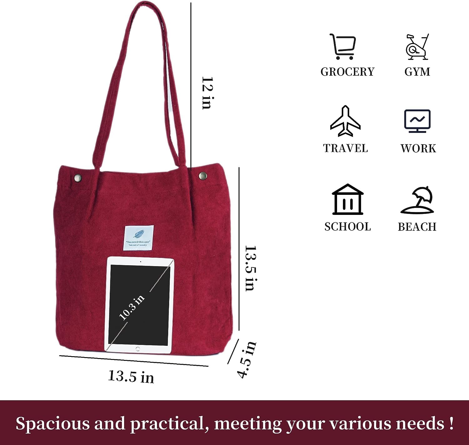 Kawn Women Corduroy Canvas Tote Bag Shoulder Cord Purse Reusable Shopping Bag Grocery Bag Large Capacity Washable Handbag Girls Shoulder Bag With Inner Pocket For Daily Use (Wine Red)