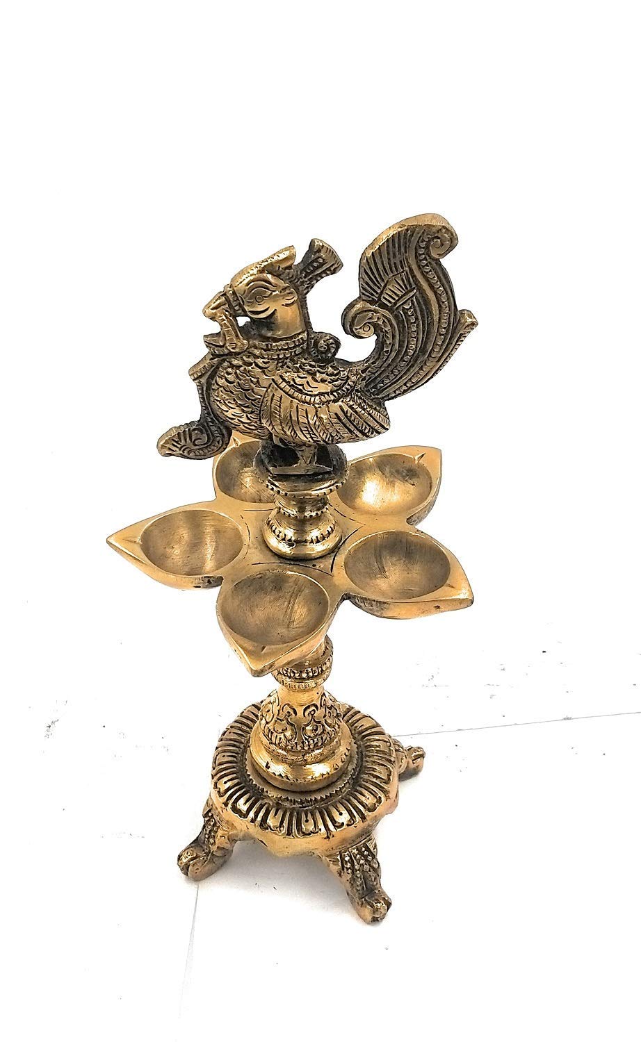 Artvarko Brass Peacock Traditional Design 5 Wick Oil Lamp Diya for Home Office Temple Decor Gift 9.5 Inch