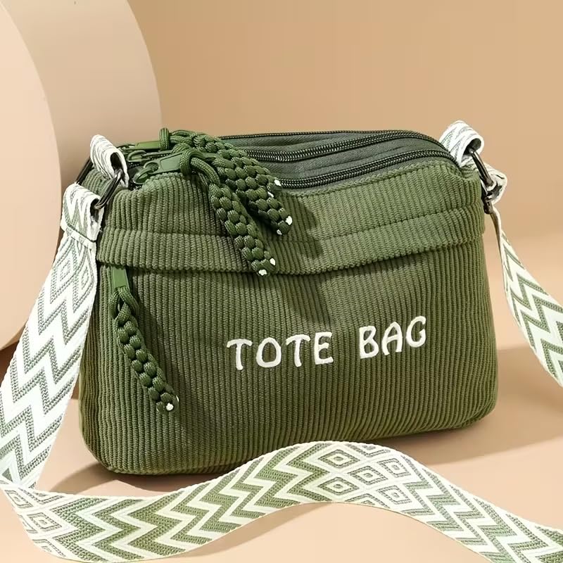 Street27 Women’s Premium Corduroy Tote Bag with Adjustable Wide Strap, Multi-Pocket Crossbody & Shoulder Handbag, Lightweight Everyday Carry with Secure Zipper Closure | (Green)