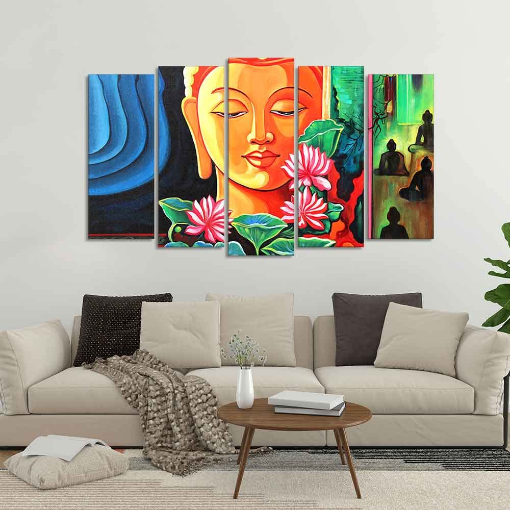 VIBECRAFTS Spiritual Gautam Buddha Wall Painting Set of Five Pieces For Home|Office|Living Room|Gift (PTVC5Pcs2_6568)