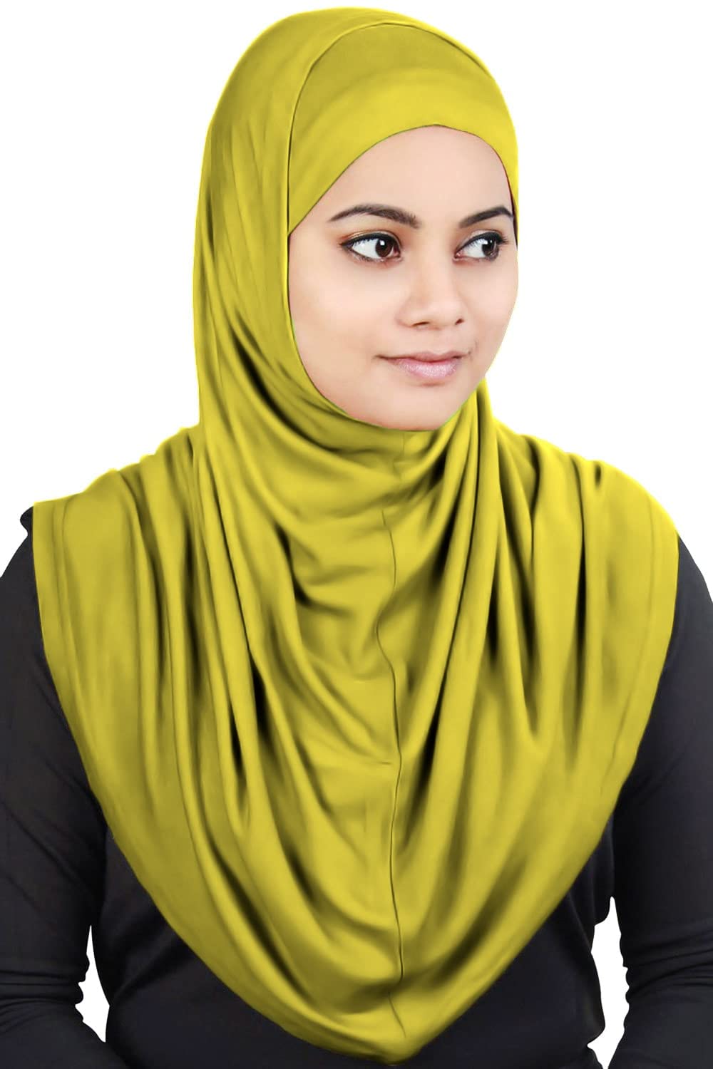 MyBatua Women's 2-Piece Al-Amira Hijab with Under Female Scarf/Cap/Bonnet in Soft Viscose Jersey, Ready to Wear HJ-129 (Mustard Green)