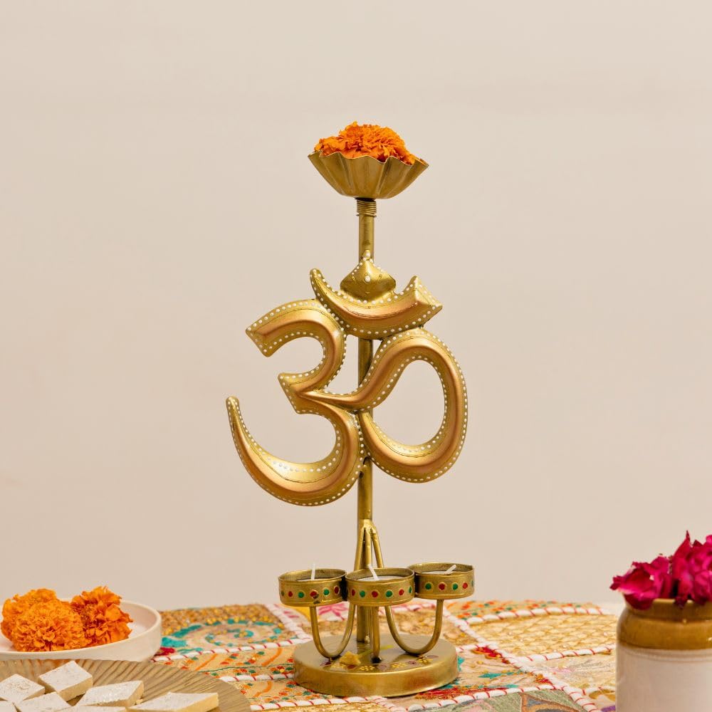 ATRANGI STUDIO Om Iron Tealight Holder | Handcrafted Festive Decor | Designer Tealight Candle Holder | Hold 3 tealight Candles | Perfect for Pooja Shelf, Side Table & Gifting | 13 Inch