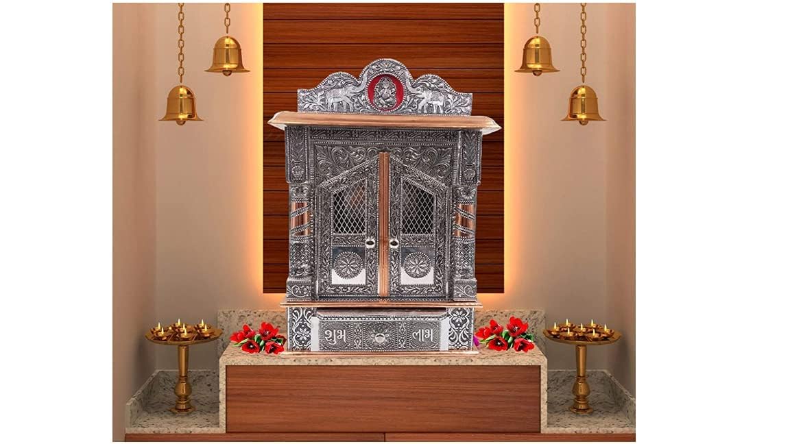 Suhanika Crafters Wooden Pooja Mandir for Home X Large Sagwan Wood Temple with Copper and Aluminum Accents Handcrafted Dev Ghar Mantapa for Home Office Prayer Room Traditional Decor Gift