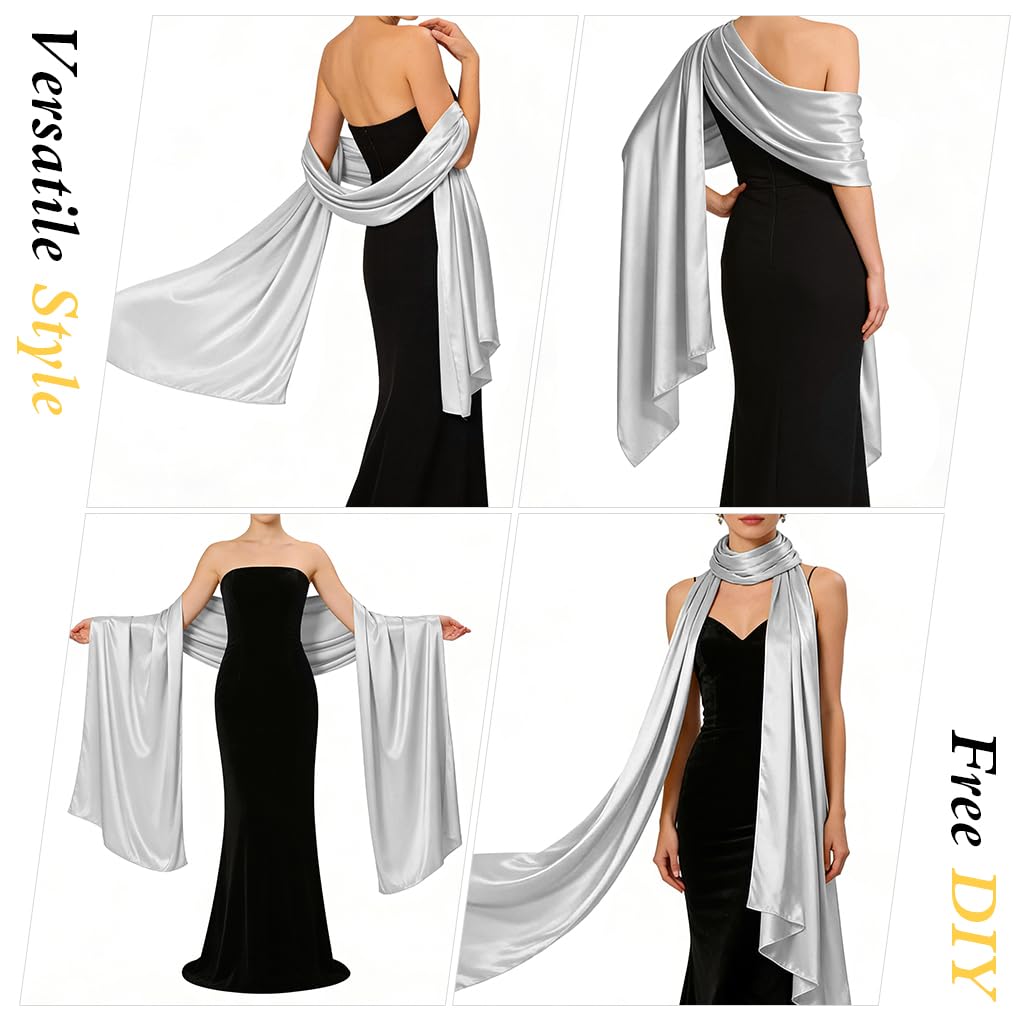 SANNIDHI Satin Stole for Women Champagne Silver Elegant 78x27inch