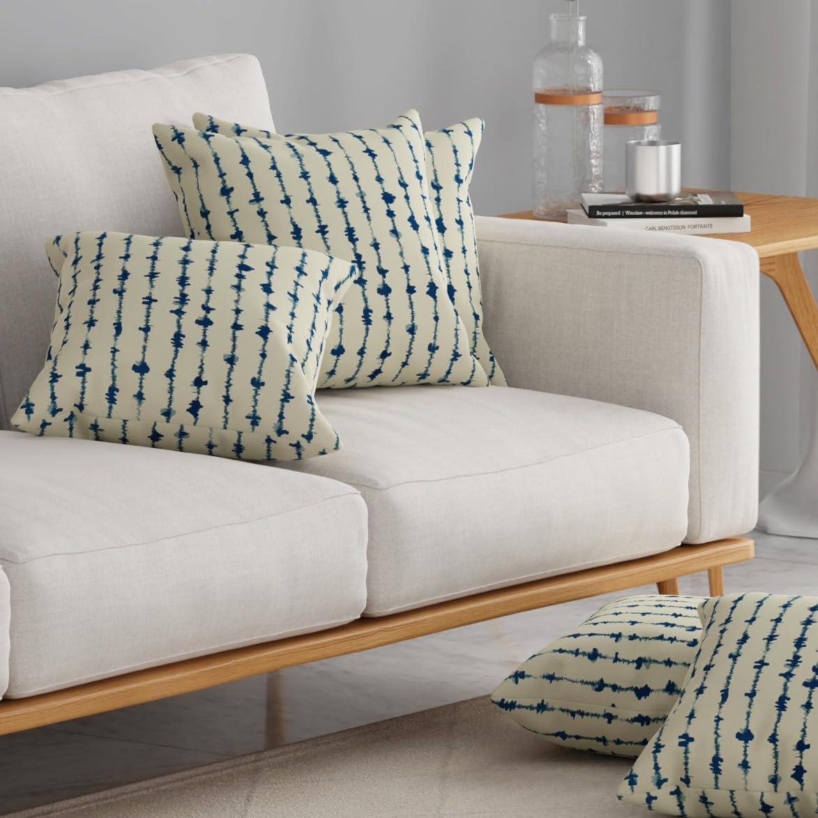 HUESLAND Premium Cotton Cushion Cover 12 x 12 inch Set of 5 | Decorative Throw Pillow Covers for Sofa, Living Room & Bedroom | Blue Vertical Stripes