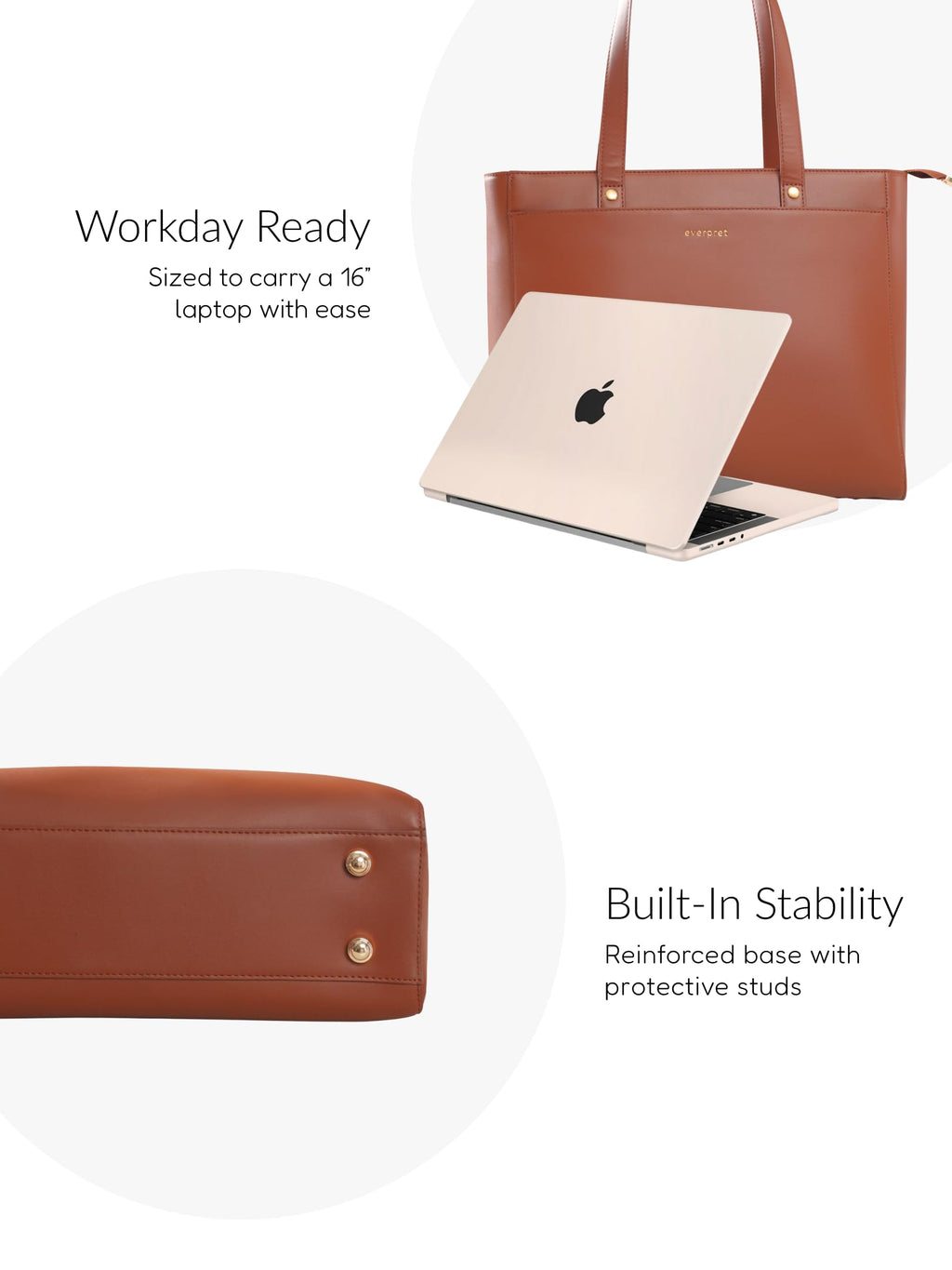 Everpret Premium Work Tote Bag for Women with 16-Inch Laptop Compartment | Vegan Leather Office Travel Handbag with Trolley Sleeve, Water Bottle Pocket & Organized Compartments | Tan