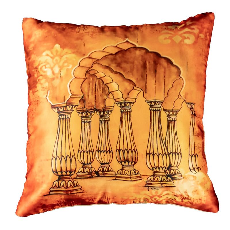 Vendola Decorative Satin Sofa Cushion Covers Set of 5, 20 Inch x 20 inch, Sofa Pillow Cover, Ethnic Festive, Multicolor, Temple, Peacock, Rajasthani Design Zipper Closure (Vivid, 20X20 Inches)