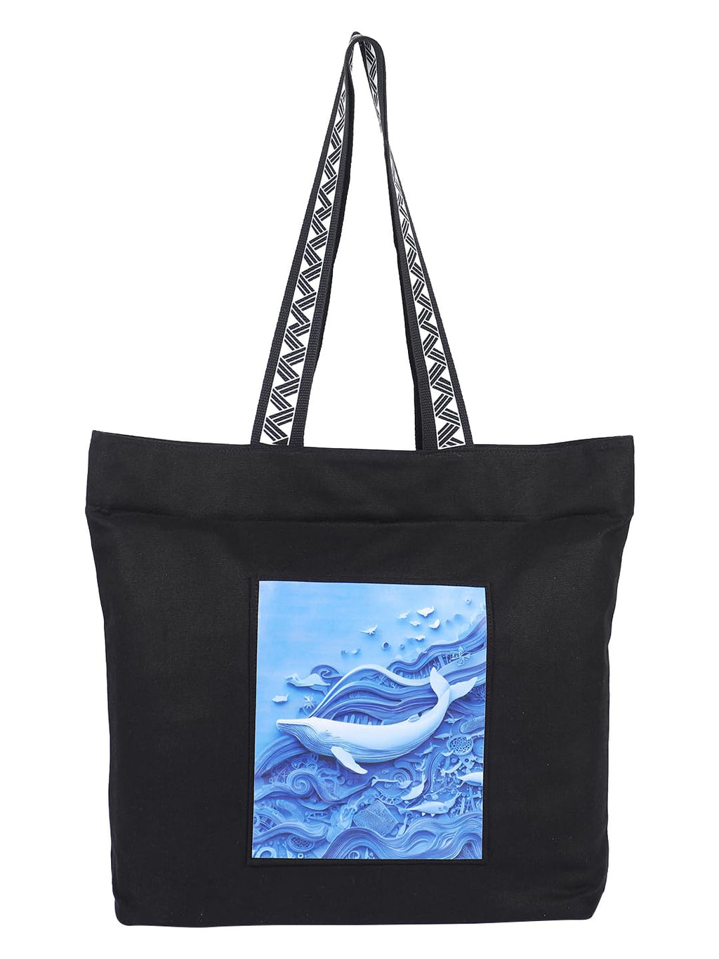 WOTM On The Move Tote | Premium Printed Cotton Canvas Tote Bag with Zipper & Inside Pocket, Stylish Everyday Travel Bag for Work, College, Office, Travel, Shopping (Save Ocean)