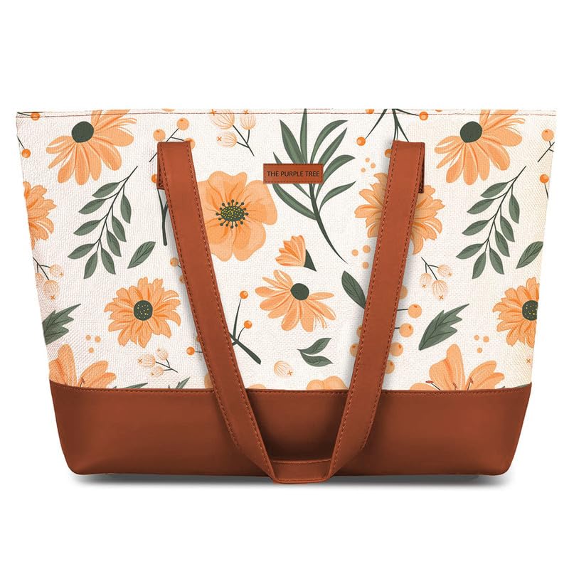 The Purple Tree Women Handcrafted Tote with Vegan Leather Handles & Indian Prints, Spring Flowers Shoulder Casual Bag for Office and College, Oversized Tote