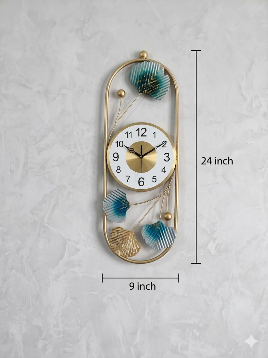 Mahira Artefacts Luxury Modern Metal Wall Clock with Blue Ginkgo Leaf Art, Golden Oval Frame, Silent Non-Ticking